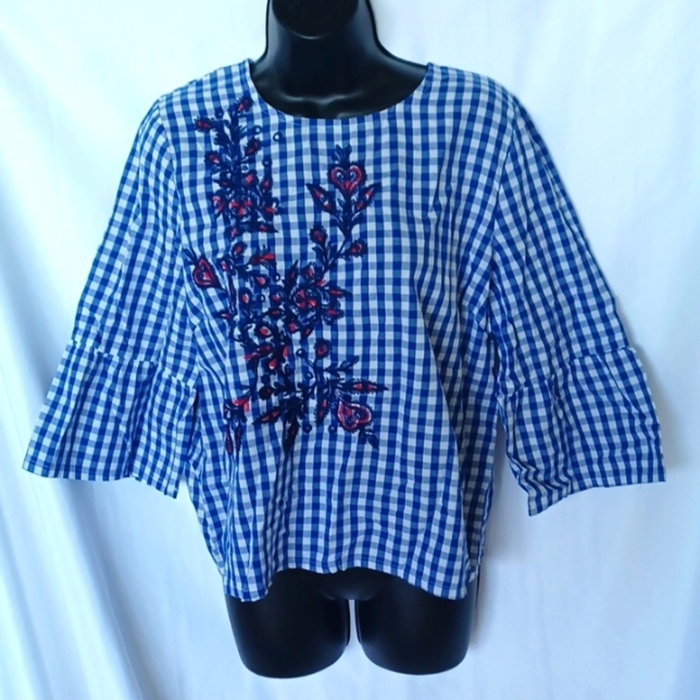 a.moon Embroidered Gingham 3/4 Sleeve Blouse